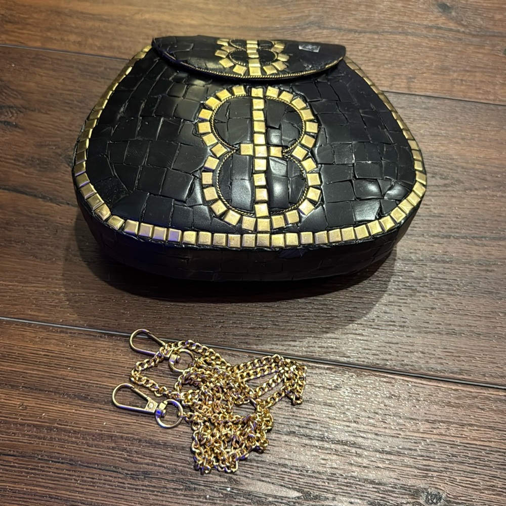 Ramla Mosaic Handmade Mosaic Moroccan Black Handbag with gold color chain. - Picture 5 of 9